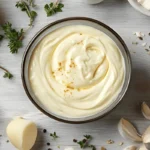 Close-up of creamy garlic parmesan sauce in a bowl with a spoon, surrounded by fresh garlic cloves and grated parmesan cheese