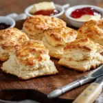 Freshly baked sourdough scones on a rustic wooden board, surrounded by small dishes of clotted cream, jam, and butter, with natural light highlighting their golden-brown, flaky texture.