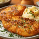 Image of Parmesan crusted chicken on a plate, showing the crispy golden crust made with Parmesan cheese and breadcrumbs, highlighting key ingredients.