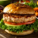 Juicy air fryer turkey burger with fresh lettuce, tomato, and avocado on a toasted bun, served with a side of crispy sweet potato fries on a rustic wooden table.