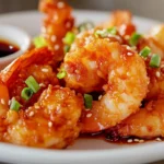 Beautifully plated Boom Boom Shrimp on a white plate, garnished with green onions and sesame seeds, with a side of spicy Boom Boom sauce.
