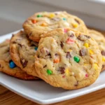 Close-up of freshly baked cake mix cookies on a white plate in a modern kitchen, showcasing their soft texture and colorful sprinkles.