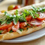 Close-up of a chopped Italian sandwich filled with layers of salami, pepperoni, ham, provolone cheese, lettuce, tomatoes, red onions, and banana peppers, dressed in Italian vinaigrette and served on a toasted ciabatta roll, with a side of chips and a glass of red wine on a rustic wooden board.