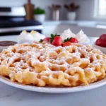 Golden funnel cake with powdered sugar and strawberries on a modern kitchen countertop.