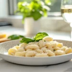 Close-up of a deliciously plated Gemelli pasta dish with creamy sauce, garnished with fresh parsley and parmesan in a modern kitchen setting.