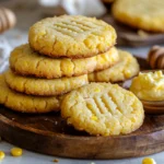 Golden-brown honey butter cornbread cookies stacked on a rustic wooden board, drizzled with honey, and served with a dish of whipped honey butter.