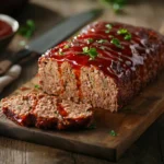 Golden-brown Lipton Onion Soup Meatloaf topped with a glossy ketchup glaze, sliced to reveal a moist, tender interior, resting on a wooden cutting board in a cozy kitchen setting.