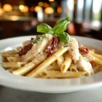 Beautifully plated Marry Me Chicken Pasta in a modern kitchen setting, featuring creamy sauce, sun-dried tomatoes, and fresh basil garnished on top.