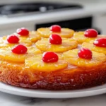 Beautifully styled pineapple upside down cake with caramelized pineapple and cherries, displayed in a modern kitchen setting.