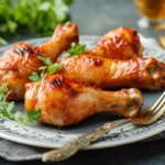 Perfectly smoked chicken drumsticks with crispy, golden-brown skin on a wooden cutting board, surrounded by BBQ sauce, coleslaw, and grilled vegetables in a rustic kitchen setting.