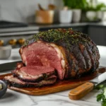 Smoked Chuck Roast on a wooden cutting board, showcasing a juicy interior and smoky bark, with fresh herbs and a carving knife in a modern kitchen setting.