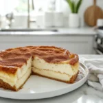 Golden-brown Sopapilla Cheesecake topped with cinnamon sugar, beautifully displayed in a modern kitchen setting.