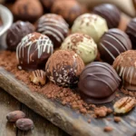 Close-up of homemade truffle chocolates on a rustic wooden board, coated in dark chocolate and cocoa powder, garnished with chopped nuts and drizzled with white chocolate.