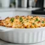 Close-up of a freshly baked Beefaroni dish, topped with melted cheese and garnished with fresh herbs, served in a modern kitchen setting.