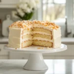 Close-up of a slice of moist coconut cake topped with cream cheese frosting and toasted coconut flakes on a white plate in a modern kitchen.