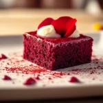 Freshly baked red velvet brownies topped with smooth cream cheese frosting, placed on a white ceramic plate in a modern kitchen setting, showcasing their rich, vibrant color and fudgy texture.