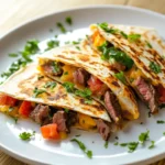 Perfectly cooked steak quesadilla with melted cheese and crispy tortillas, served on a modern kitchen countertop with fresh salsa and guacamole.