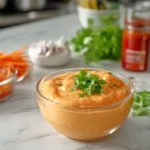 Boom Boom Shrimp Sauce in a bowl on a modern kitchen countertop, with shrimp and dipping sauce ready to serve, showcasing its creamy and vibrant texture.
