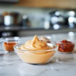 a bowl of creamy Boom Sauce on a modern kitchen countertop, showcasing its vibrant orange color and smooth texture in a sleek, contemporary setting