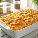 Close-up of a baked Dorito Casserole topped with melted cheese in a modern kitchen, showcasing its golden, crispy texture.