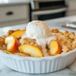 Golden peach cobbler with a crispy crust, topped with melting vanilla ice cream, served warm in a modern kitchen setting.