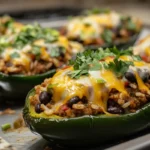 Stuffed poblano peppers filled with a savory mix of ground beef, beans, and cheese, garnished with cilantro, served hot and fresh from the oven.