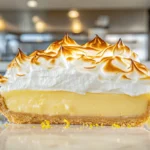 freshly baked Lemon Meringue Pie with golden-brown peaks of meringue and vibrant yellow lemon filling, set in a modern kitchen