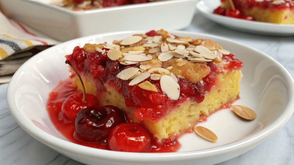 Cherry Dump Cake in a white plate