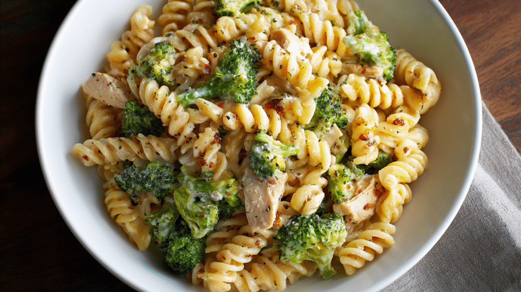 Creamy rotisserie chicken broccoli pasta