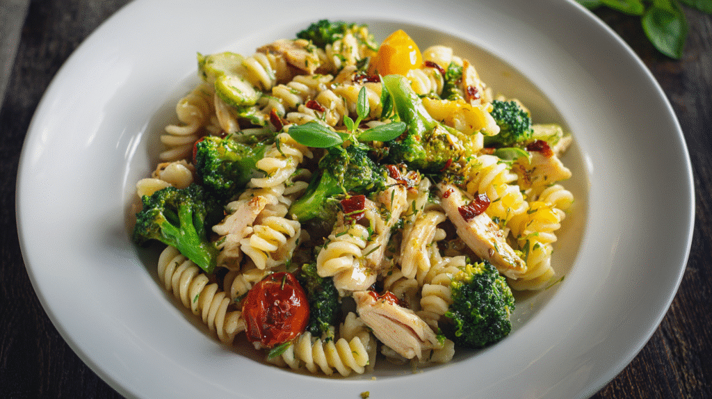 Creamy rotisserie chicken broccoli pasta in a skillet garnished with Parmesan and herbs