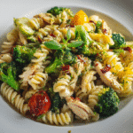 Creamy rotisserie chicken broccoli pasta in a skillet garnished with Parmesan and herbs