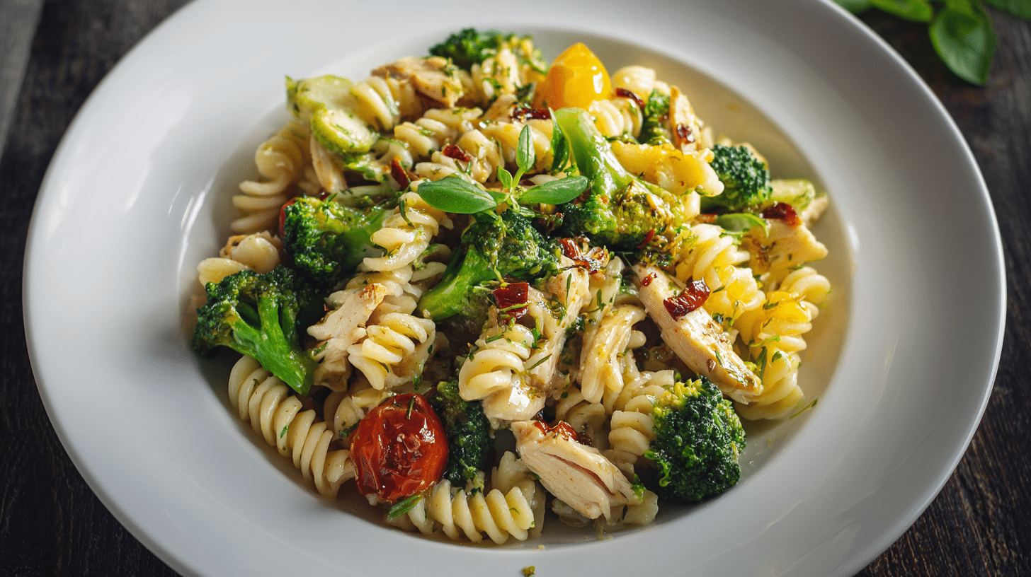 Creamy rotisserie chicken broccoli pasta in a skillet garnished with Parmesan and herbs