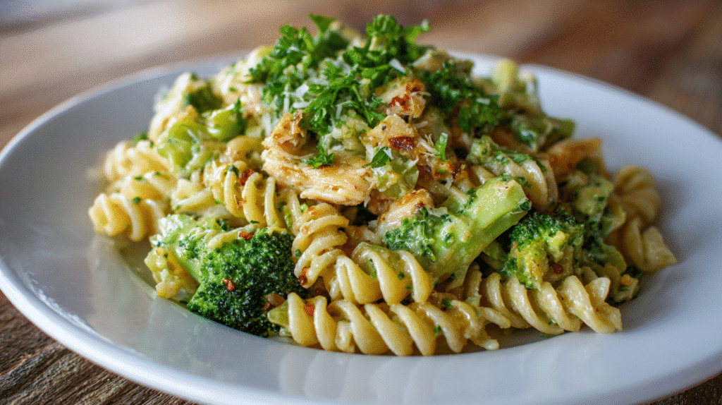 Creamy rotisserie chicken broccoli pasta