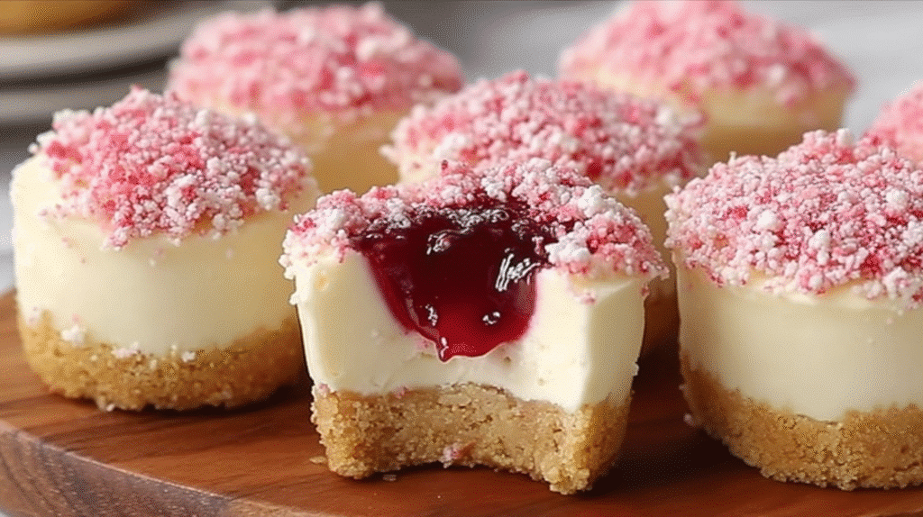 Bite-size strawberry crunch cheesecake with jam center, golden vanilla wafer crust, and pink strawberry crumb topping