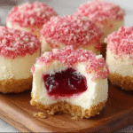 Bite-size strawberry crunch cheesecake with jam center, golden vanilla wafer crust, and pink strawberry crumb topping