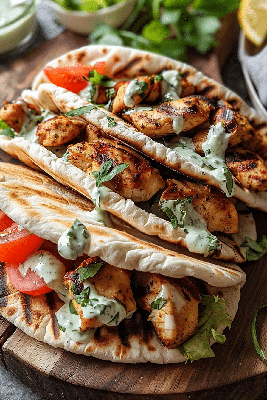 Fully assembled Sheet Pan Chicken Pita with slaw and avocado