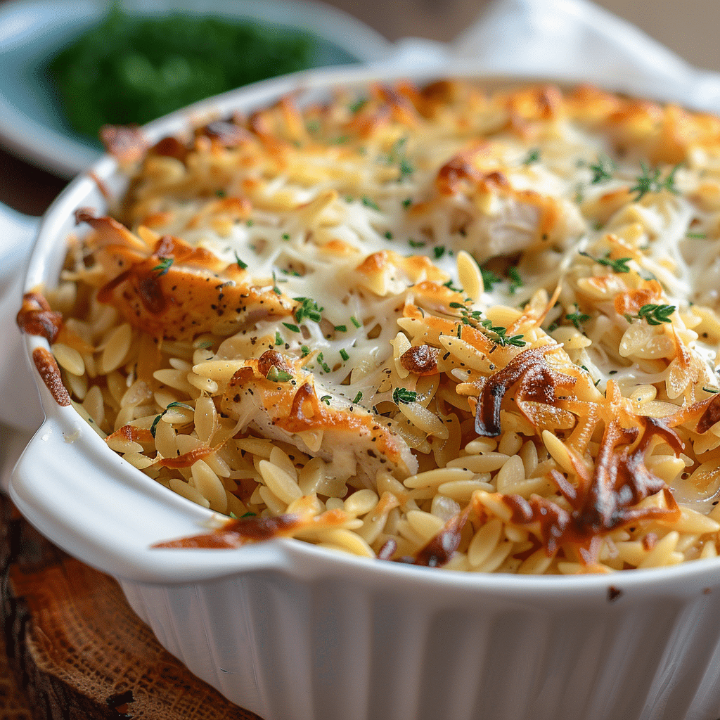 French Onion Chicken Orzo Casserole